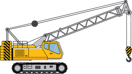 Crawler crane illustration, yellow heavy machinery, lattice boom, lifting hook, tracked vehicle, construction equipment, industrial machine, engineering tool, hazard stripes © Ayejoddin