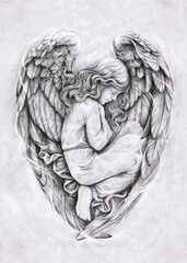 Schizzo a matita fatto a mano di un angelo con ali a forma di cuore. Scansione grafica di alta qualit&agrave; per idee tatuaggio, stampe d'arte e design. Opera manuale dettagliata.