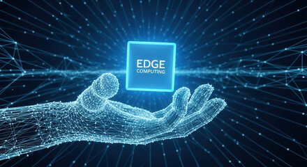 Edge computing concept with digital wireframe hand holding glowing icon. Futuristic technology background with network data connection. Artificial intelligence and cloud system