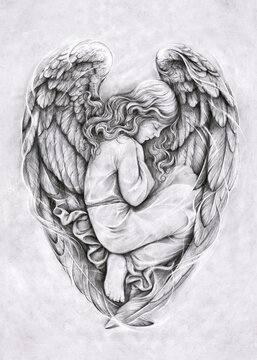 Schizzo a matita fatto a mano di un angelo con ali a forma di cuore. Scansione grafica di alta qualit&agrave; per idee tatuaggio, stampe d'arte e design. Opera manuale dettagliata.