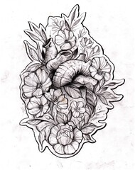 Schizzo a matita fatto a mano di un cuore anatomico con fiori. Scansione grafica di alta qualit&agrave; per idee tatuaggio, stampe d'arte e design. Opera manuale dettagliata.