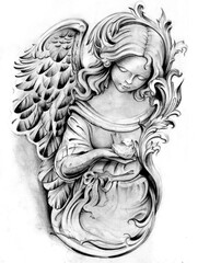 小鳥を持つ天使の手描き鉛筆スケッチ。タトゥーのアイデア、アートプリント、デザインに最適な高品質グラフィックスキャン。詳細な手作りのイラスト。