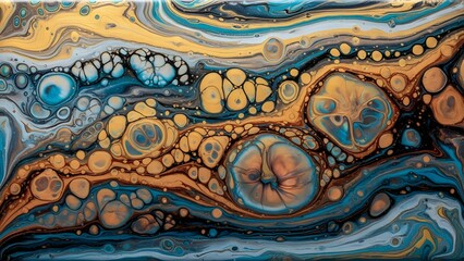 Vibrant abstract art featuring flowing patterns and circular shapes in shades of blue and gold, captured from a close-up viewpoint, file reference 43.jpg