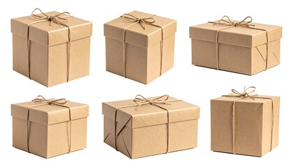 Fototapeta premium Six cardboard boxes, uniformly wrapped in brown paper and tied with string bows, against a white background