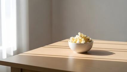 Small White Bowl of Popcorn on Wooden Table in Bright Sunlight
