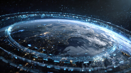 Earth viewed from space with digital technological overlay and effects.