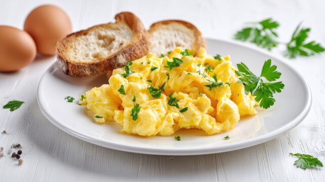 Fluffy scrambled eggs with toasted bread and fresh parsley garnish. A delicious and hearty breakfast featuring perfectly cooked scrambled eggs served with crispy toast and a sprinkle of fresh herbs