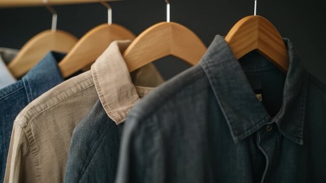 A row of shirts on wooden hangers in a closet