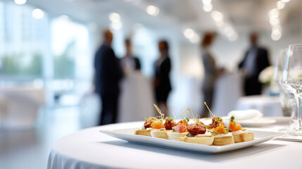 Gourmet appetizers served at a sophisticated corporate event with blurred guests in backgroundю Elegant canapes arranged on a white platter, ready for guests at formal gathering or business reception