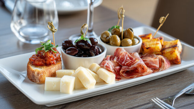 Gourmet charcuterie board with olives, cheese, and bruschetta. A delicious assortment of cured meats, cheeses, olives, and bruschetta served on a white platter, perfect for entertaining - Powered by Adobe