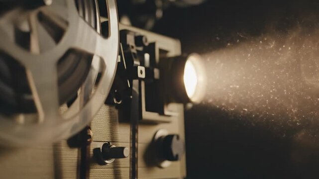 Vintage film projector illuminating dust particles