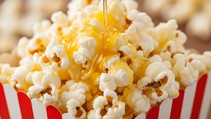 Honey Syrup Pouring over Fresh Popcorn in a Striped Paper Bucket