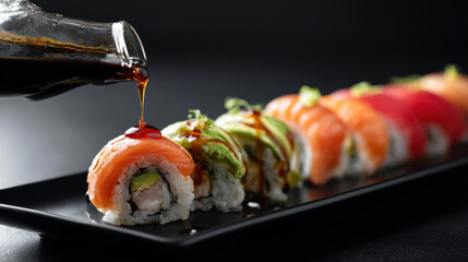 Pouring soy sauce on a delicious salmon avocado sushi roll on a black plate. A close-up shot of a gourmet sushi roll being drizzled with soy sauce, showcasing fresh ingredients and culinary artistry