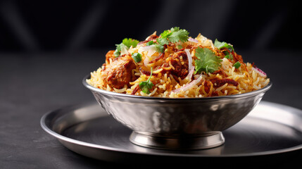 Delicious chicken biryani served in traditional metal bowl with fresh cilantro garnish. Shot of flavorful chicken biryani, popular Indian rice dish, presented in silver bowl with aromatic spices
