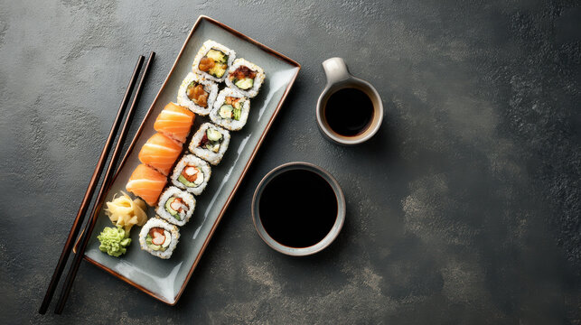 Delicious sushi platter with salmon nigiri and assorted rolls served with soy sauce. A top-down view of a rectangular plate filled with fresh sushi and rolls, accompanied by soy sauce and chopsticks