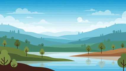 Obraz premium Scenic Serenity: A panoramic vista unfolds before the eyes, depicting rolling hills, a serene lake, and a boundless expanse of sky, all enveloped in the soothing embrace of nature.