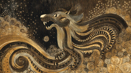 Golden dragon dance illustration with swirling patterns starry background. Depiction of mythical dragon in motion, featuring elaborate golden linework dark, textured backdrop suggesting celebration