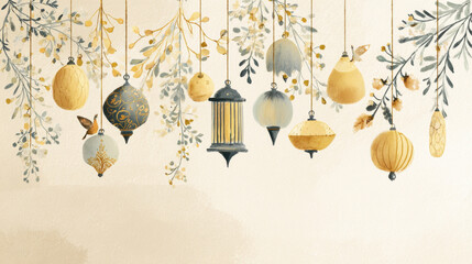 Elegant watercolor lanterns and floral branches create festive traditional atmosphere. Beautifully illustrated hanging lanterns delicate floral branches evokes sense of celebration cultural heritage