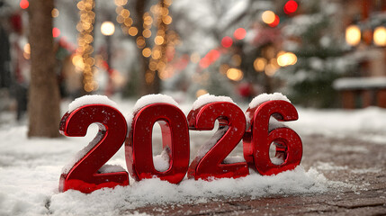 Festive 2026 numbers New Year decoration in snow, surrounded by pine branches, ornaments, and warm holiday lights.