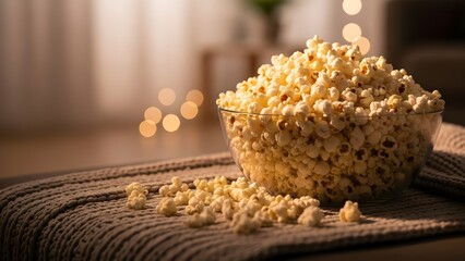 Glass Bowl Overfilled with Popcorn in a Cozy Home Theater Setting