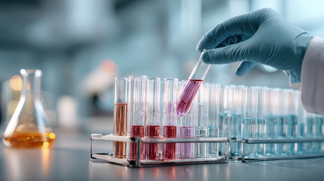 Scientist in blue gloves holds test tube with pink liquid for doping control. Gloved hand carefully handles test tube containing pink fluid, part of rack of samples for scientific analysis and testing