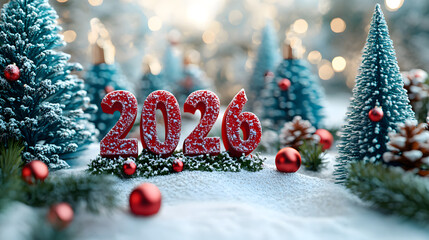 Festive 2026 numbers New Year decoration in snow, surrounded by pine branches, ornaments, and warm holiday lights.