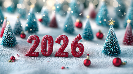 Festive 2026 numbers New Year decoration in snow, surrounded by pine branches, ornaments, and warm holiday lights.