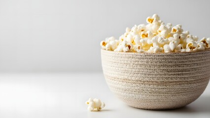 Healthy popcorn snack in a textured ceramic bowl on white background