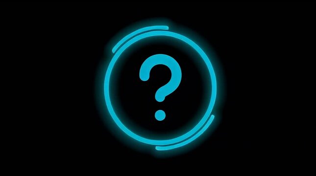 Abstract glowing question mark in neon blue color on black background