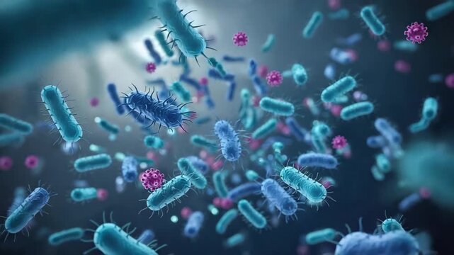 Microscopic view of bacteria and viruses in motion