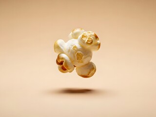 Single piece of popcorn levitating on a beige background with shadow