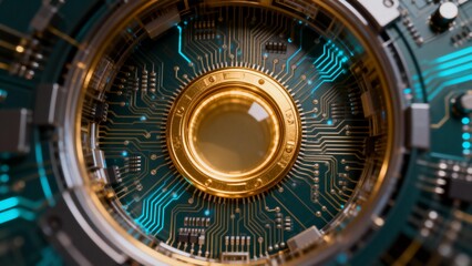 Golden coin on circuit board