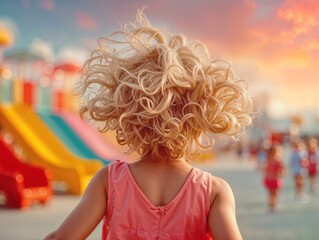 Curly-haired child running toward a colorful playground at sunset, joyful summer scene capturing freedom, motion, childhood happiness, and warm evening light outdoors.