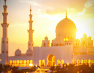 Mosque glows at sunset; blurred, ethereal building scene