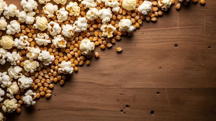 Popcorn and corn kernels scattered on a dark wooden table background