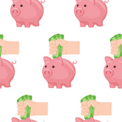 pattern with icons of a pink piggy bank and a hand holding green paper bills in its fist, for thematic designs on the topic of business, banking and finance
