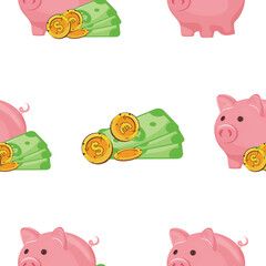 pattern with icons of a pink piggy bank with gold coins and paper banknotes next to it, for thematic designs on the topic of business, banking and finance
