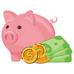 color icon of a pink piggy bank with gold coins and paper banknotes next to it, for business, banking and finance themed designs