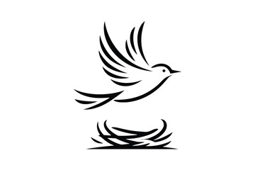 Obraz premium Black abstract bird taking flight from a nest on a white background flying