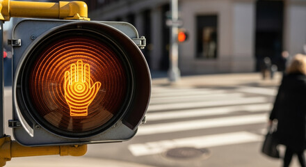 Close up of an illuminated orange pedestrian traffic signal showing a stop hand symbol. Urban street intersection background with crosswalk and blurred people