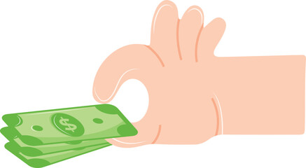 icon of a human hand holding green paper banknotes with its fingers, for thematic designs on the subject of business, banking and finance