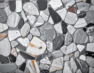 Assembled stones in grayscale, with varied shapes and sizes
