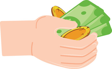 icon of a human hand holding gold coins and paper green banknotes in an open palm, for thematic designs on the topic of business, banking and finance
