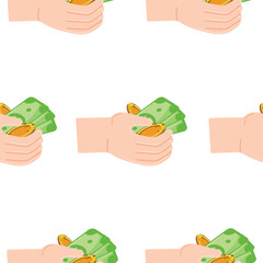 pattern with icons of a human hand holding gold coins and green paper banknotes in an open palm, for thematic designs on the topic of business, banking and finance