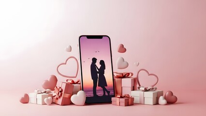 valentine online sale smartphone mockup with gifts, mobile shopping valentine promotion background, e commerce valentine sale concept stock image, pink valentine hearts  boxes digital marketing