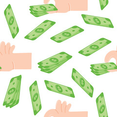 pattern with icons of a human hand holding green paper banknotes with its fingers, for thematic designs on the topic of business, banking and finance