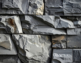 Rough stone wall with various angled blocks, gray hues