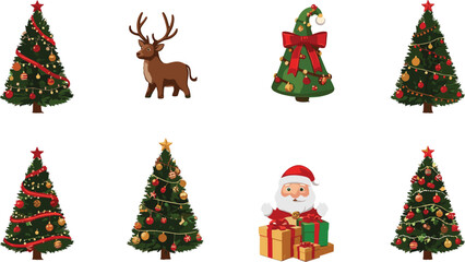 Naklejka premium Cartoon Christmas vector bundle, festive holiday clipart, Santa Claus and reindeer, decorated trees, gift boxes, seasonal celebration icons