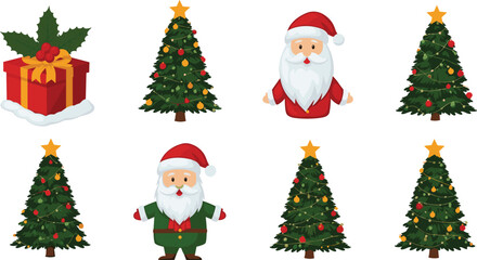 Cartoon Christmas tree and Santa bundle, festive holiday clipart, seasonal decoration vector, gift box, winter celebration icon set