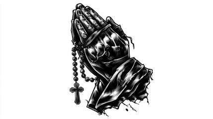 Praying hands with rosary beads, a symbol of faith and devotion. This image depicts clasped hands holding a rosary, a powerful symbol of prayer and religious devotion within Christianity.
